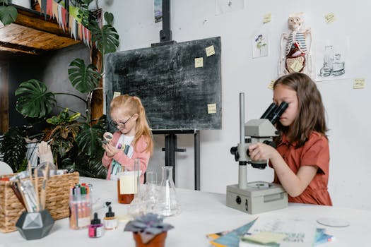 Two young girls experimenting with science equipment in a classroom setting, showcasing education and curiosity.